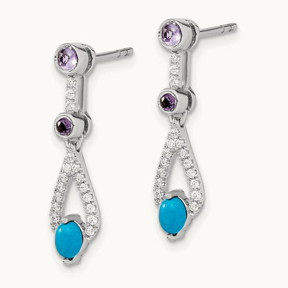 Turquoise/Amethyst/White Topaz Dangle Earrings, 14K White Gold