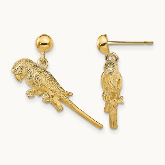 3-D Parrot Dangle Earrings, 14K