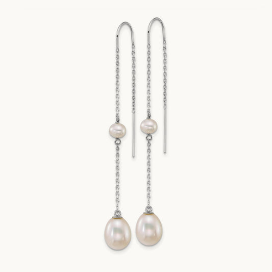 WG Near-Rnd/Teardrop White Freshwater Cultured Pearl Threader Earrings, 14K