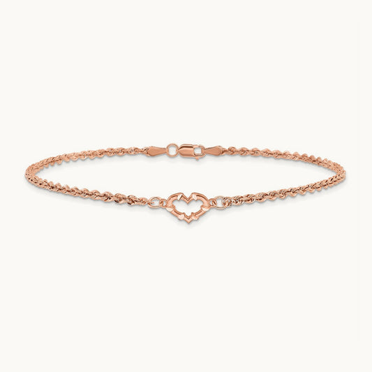 Diamod-cut Rope with Heart 9in Anklet, 14K Rose Gold