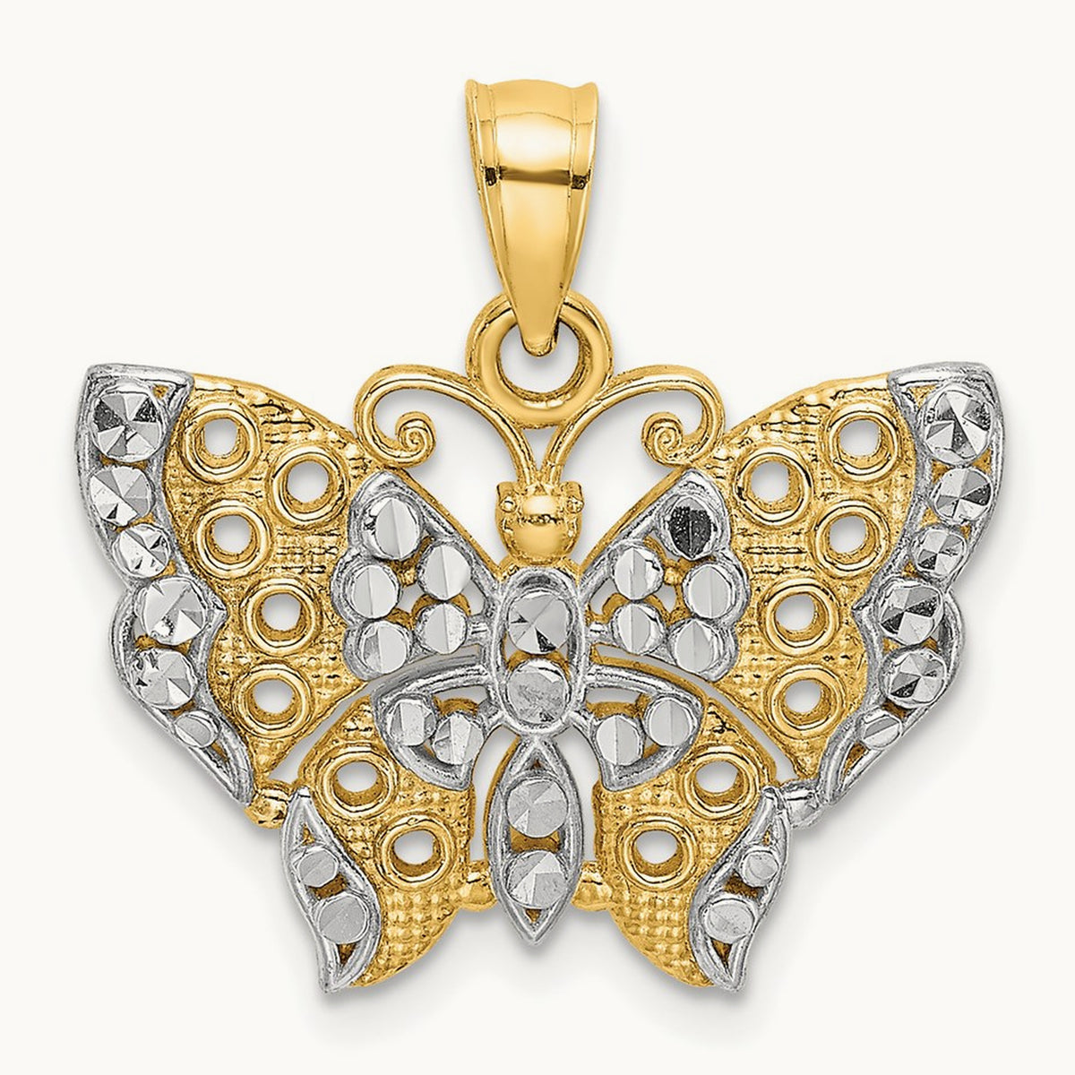 w/Rhodium Cut-out Wings Butterfly Pendant, 14K