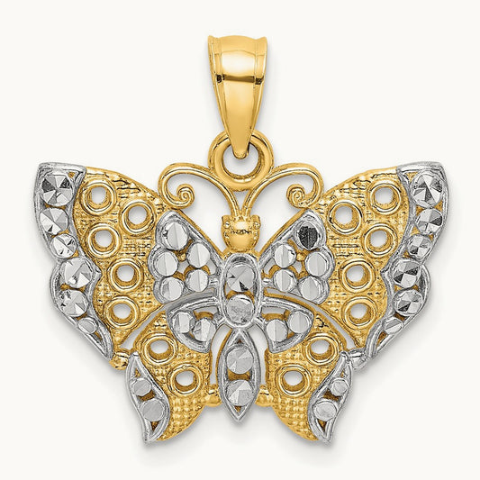 w/Rhodium Cut-out Wings Butterfly Pendant, 14K