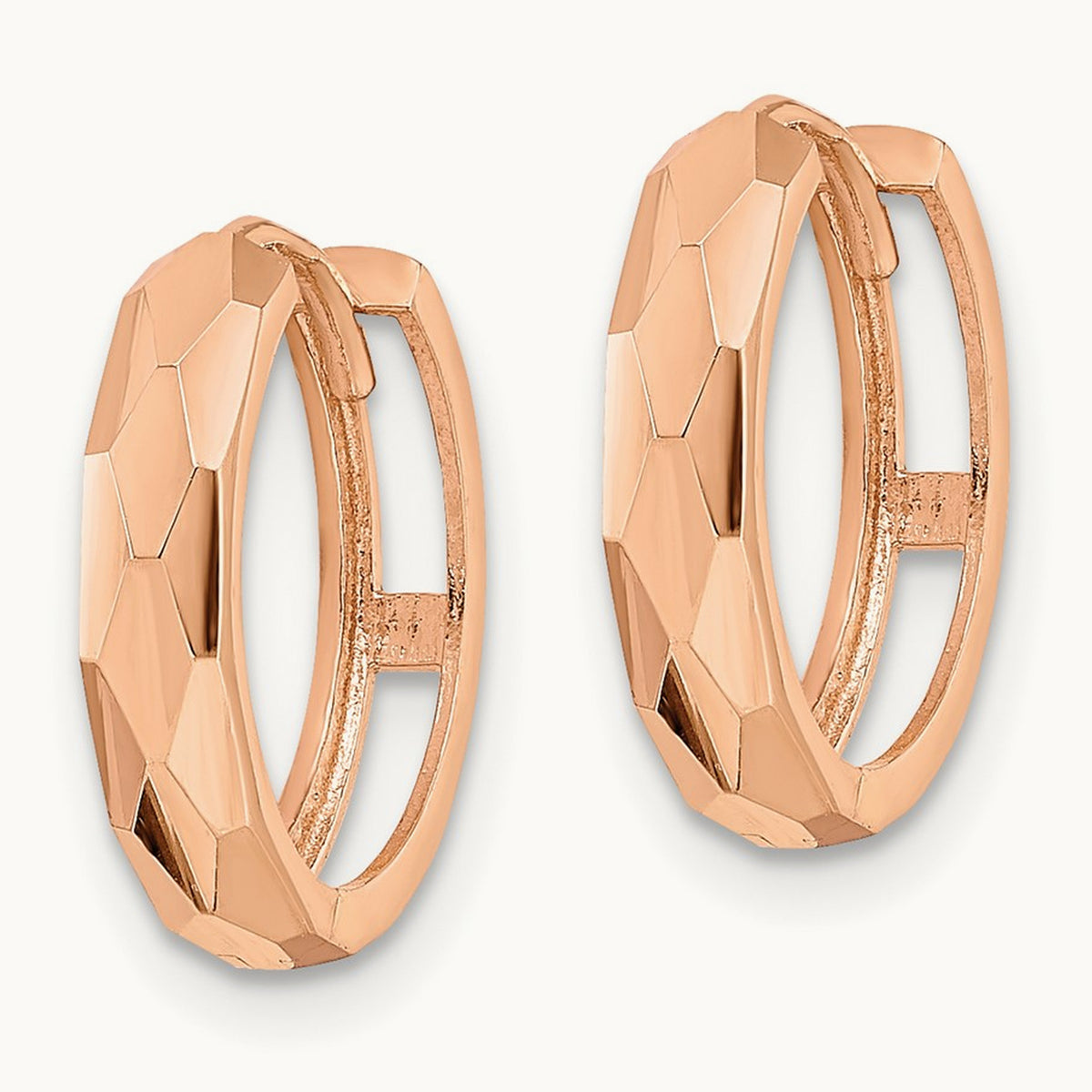 Polished Faceted Hinged Hoop Earrings — 14K Rose Gold, 3x15mm