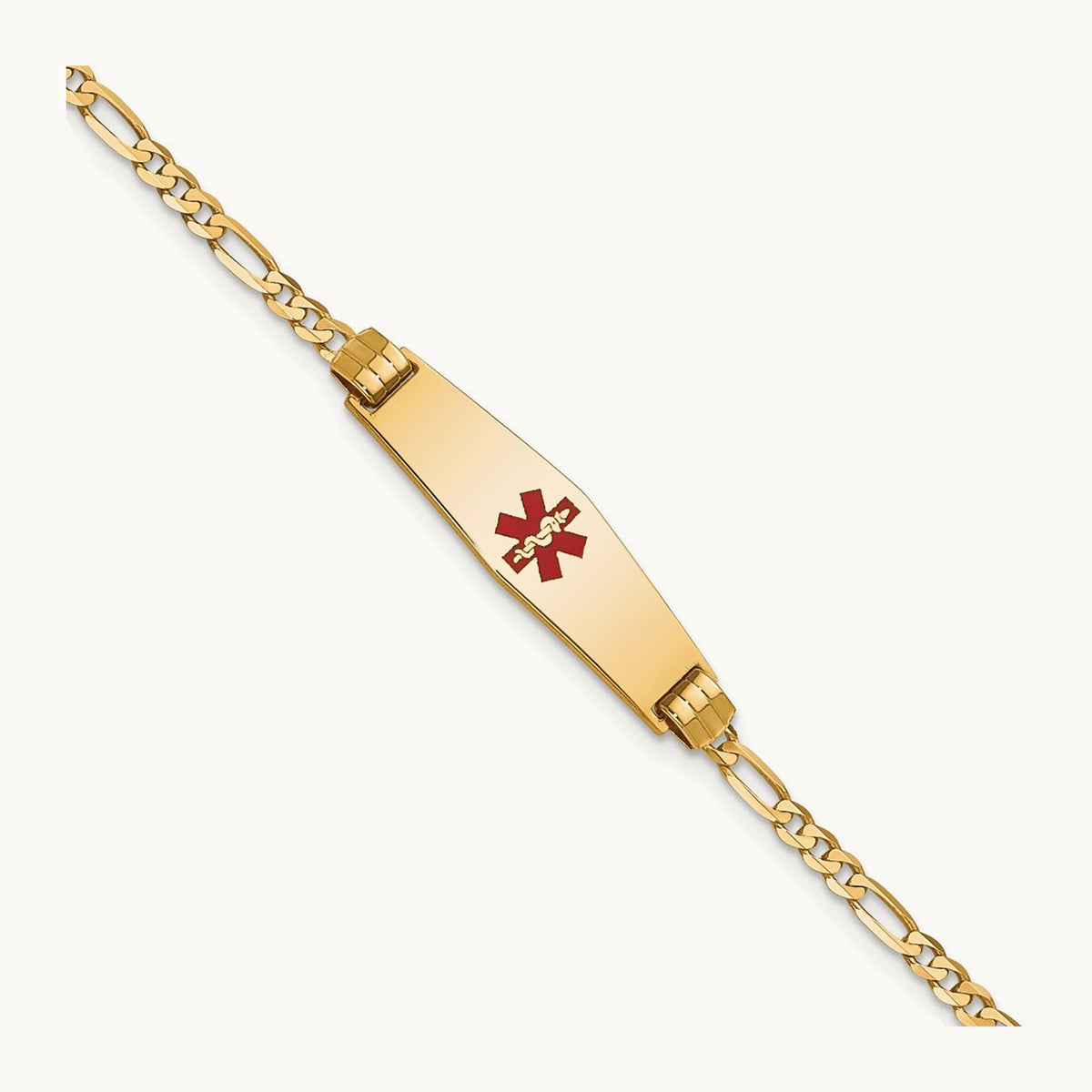 Medical Soft Diamond Shape Red Enamel Figaro ID Bracelet, 14K
