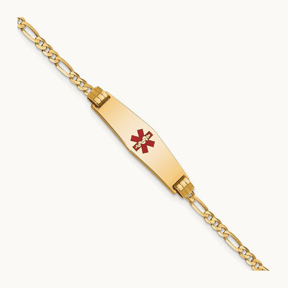 Medical Soft Diamond Shape Red Enamel Figaro ID Bracelet, 14K