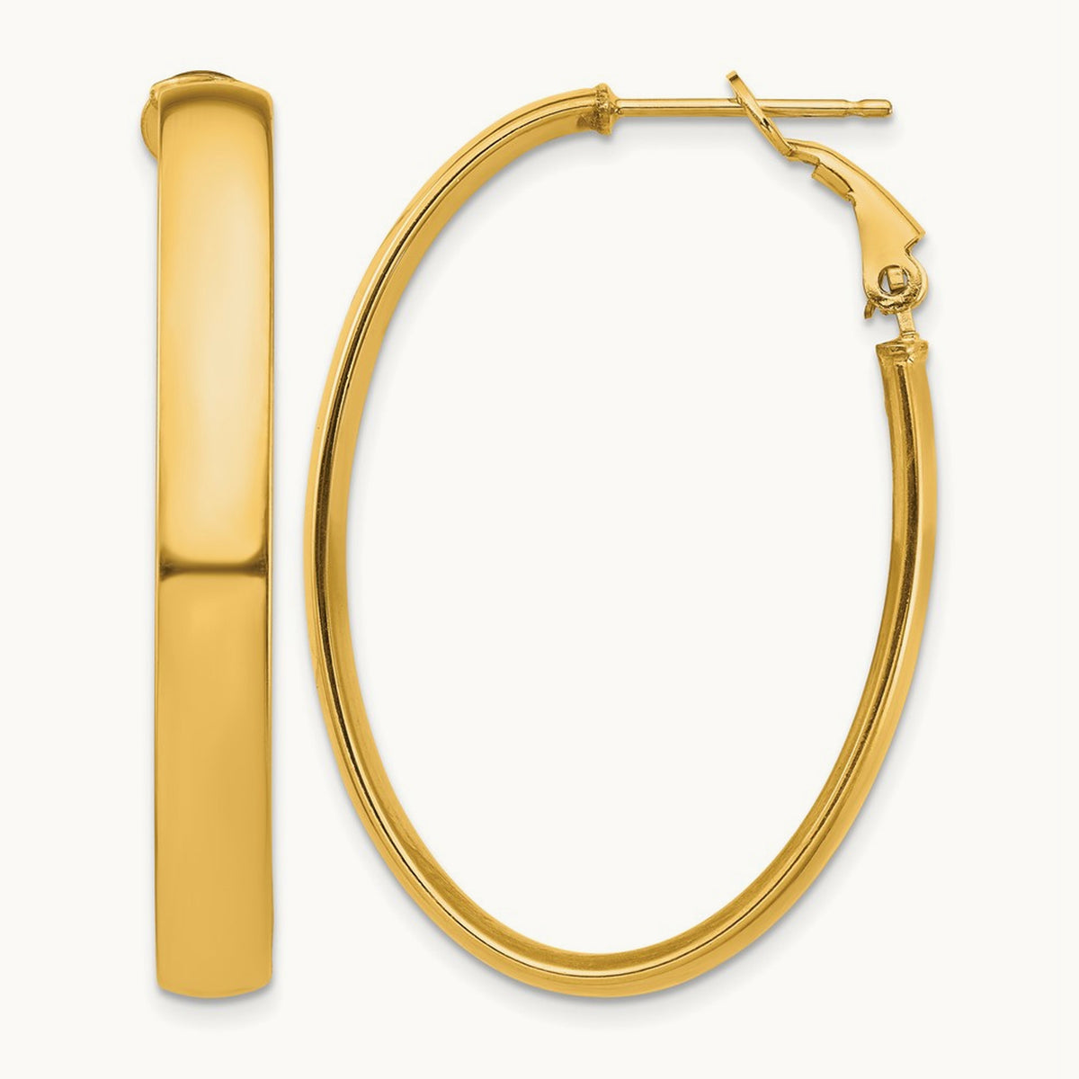 High Polished Omega Back Oval Hoop Earrings — 14K Yellow Gold
