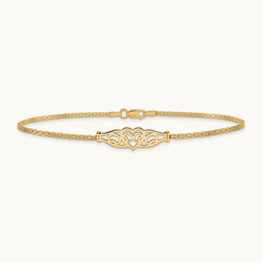 Polished Filigree Heart 10inch Anklet, 14K