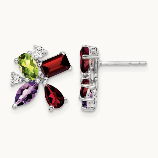 Amethyst/Peridot/Garnet/Diamond Earrings, 14K White Gold