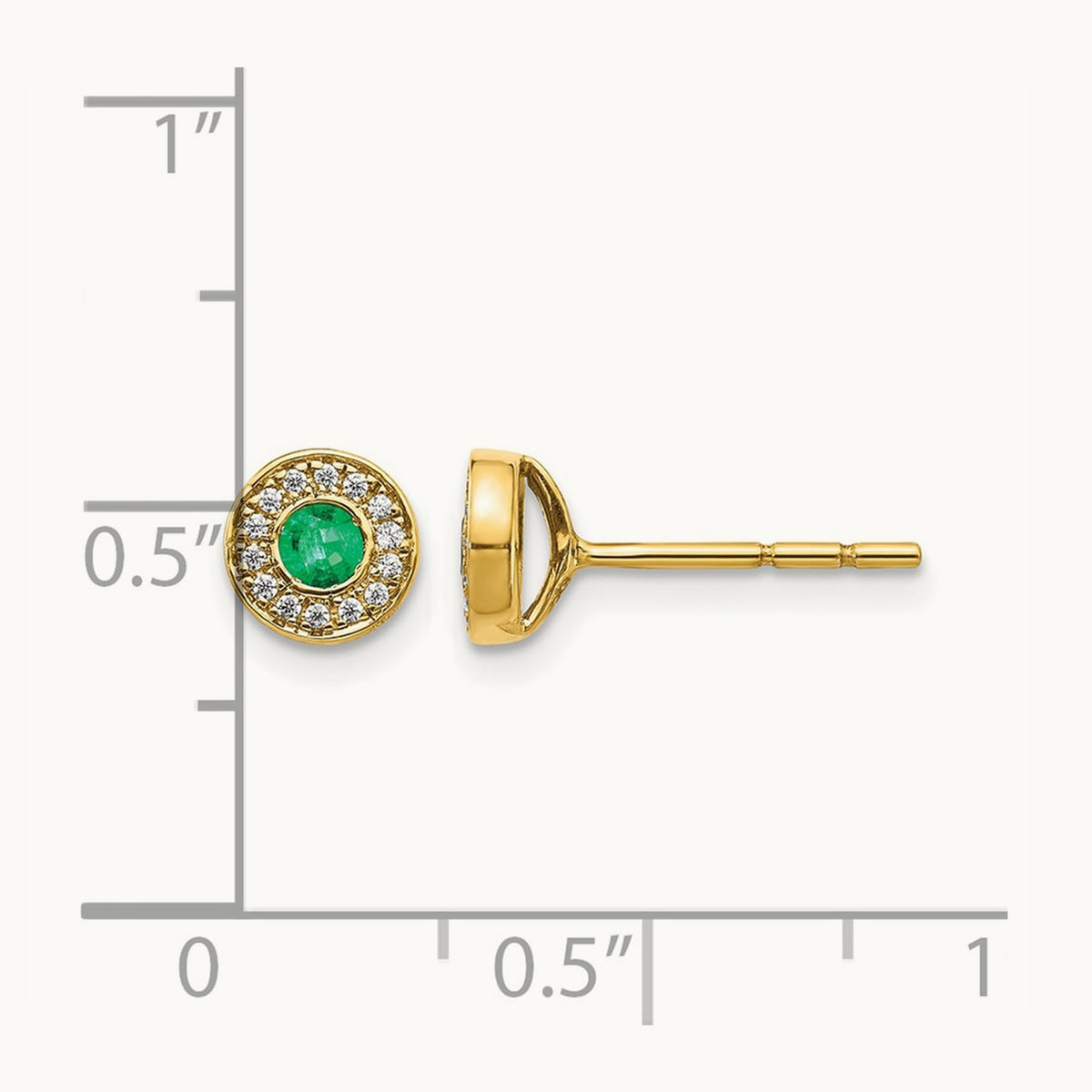 Diamond and Emerald Halo Post Earrings, 14K Gold