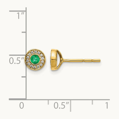 Diamond and Emerald Halo Post Earrings, 14K Gold