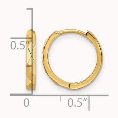 Polished Faceted Hinged Hoop Earrings — 14K Yellow Gold, 2x14mm