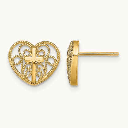 Heart w/Cross Post Earrings, 14K