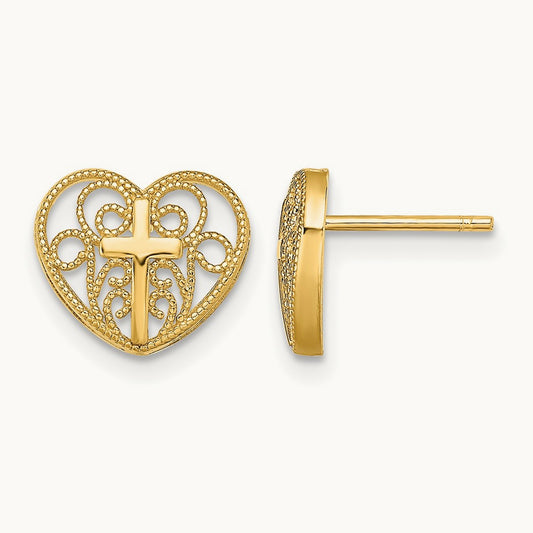 Heart w/Cross Post Earrings, 14K