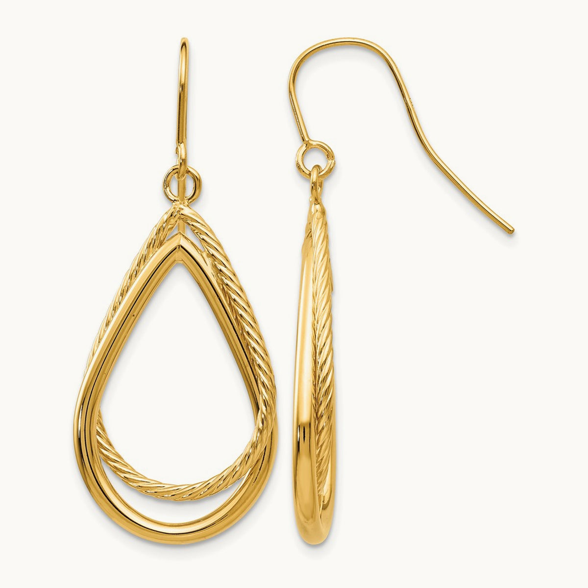 Polished and Textured Teardrop Shepherd Hook Earrings — 14K Yellow Gold