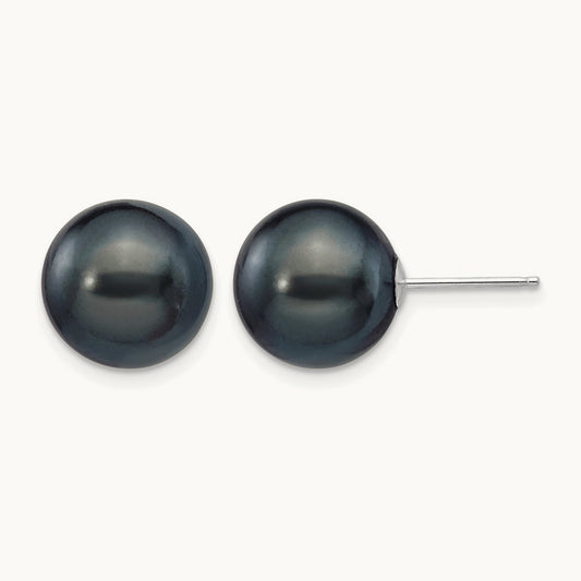 10- Black Round FW Cultured Pearl Stud Post Earrings, 11mm, 14K White Gold