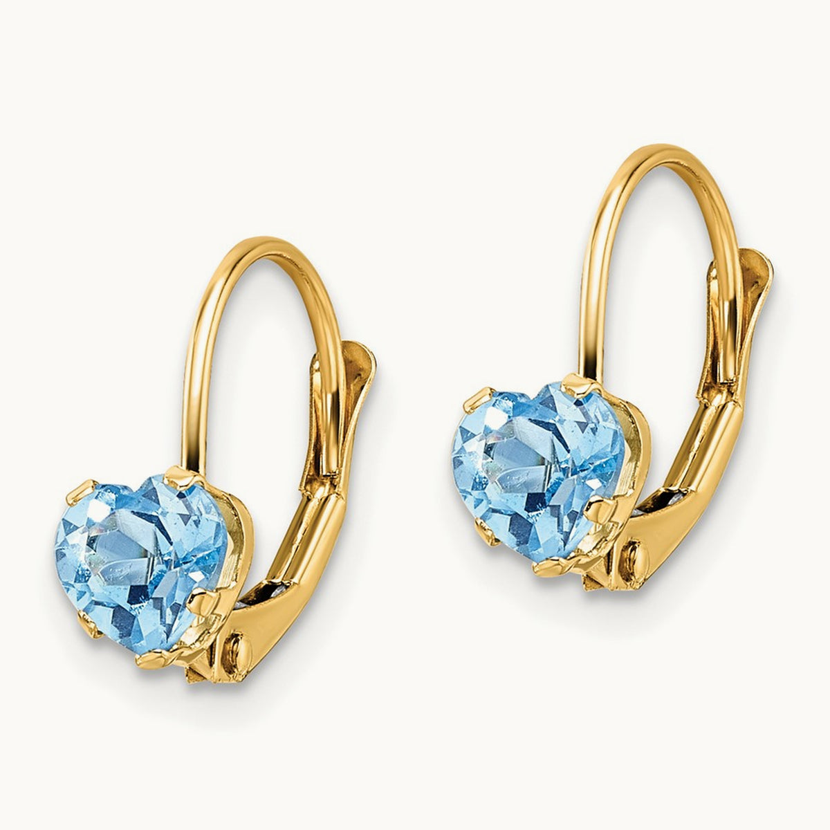Heart Blue Topaz Leverback Earrings — 14K Yellow Gold
