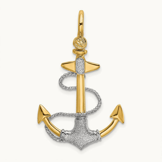 3-D Textured Anchor w/Rope w/Shackle Bail Charm, 14K Two-tone