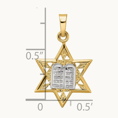 Polished Solid Star and Torah Pendant, 14K Two-tone