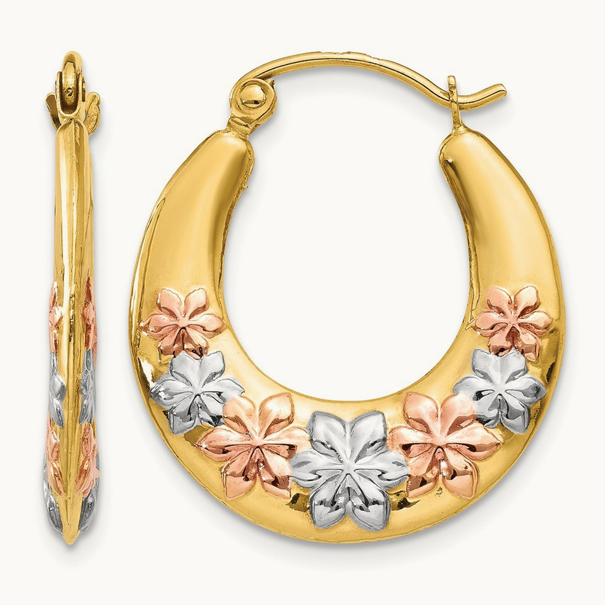 & White and Rose Rhodium Hollow Flowers Hoop Earrings, 14K