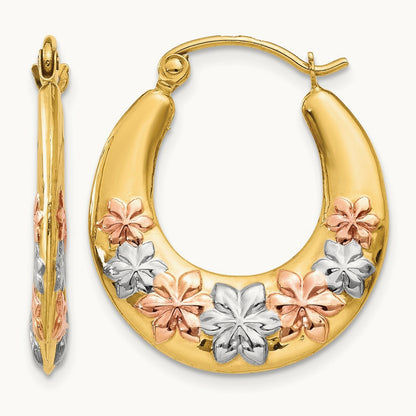 & White and Rose Rhodium Hollow Flowers Hoop Earrings, 14K