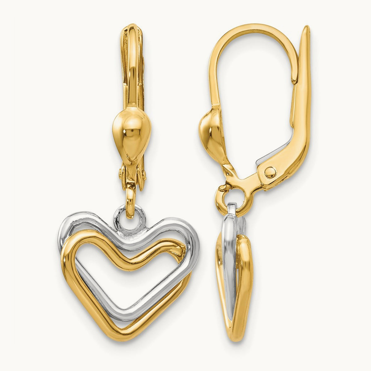 Heart Leverback Dangle Earrings, 14K Two-tone