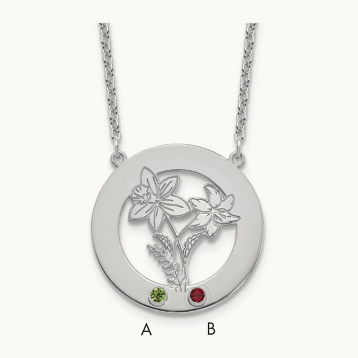 SS/Rhod-plated Circle w/2 Birth Flower and Birthstone Necklace