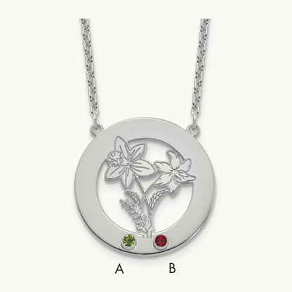 SS/Rhod-plated Circle w/2 Birth Flower and Birthstone Necklace
