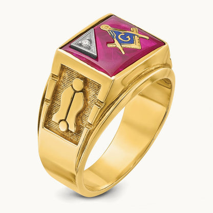 14ktt IBGoodman Men's Lab Cr. Ruby & Dia Blue Lodge Masonic Ring