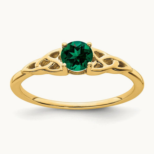 Created Emerald Celtic Knot Ring — 14K Yellow Gold, 7
