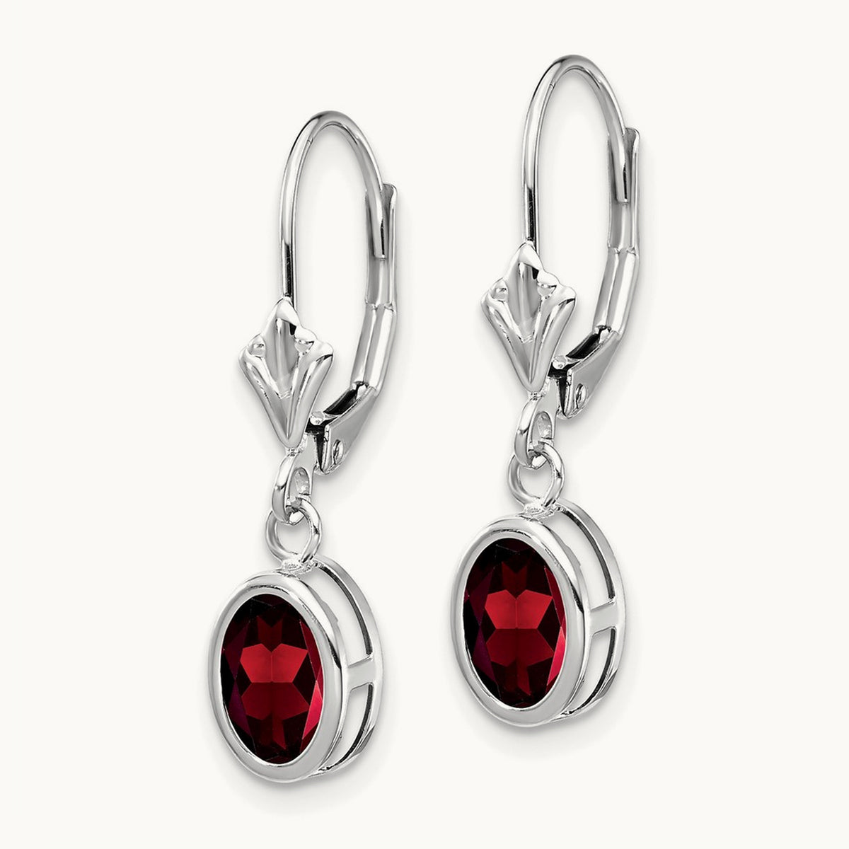 Oval Garnet Leverback Earrings — 14K White Gold, 26mm, 7x5mm
