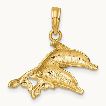 Polished and Textured Two Dolphins Charm, 14K