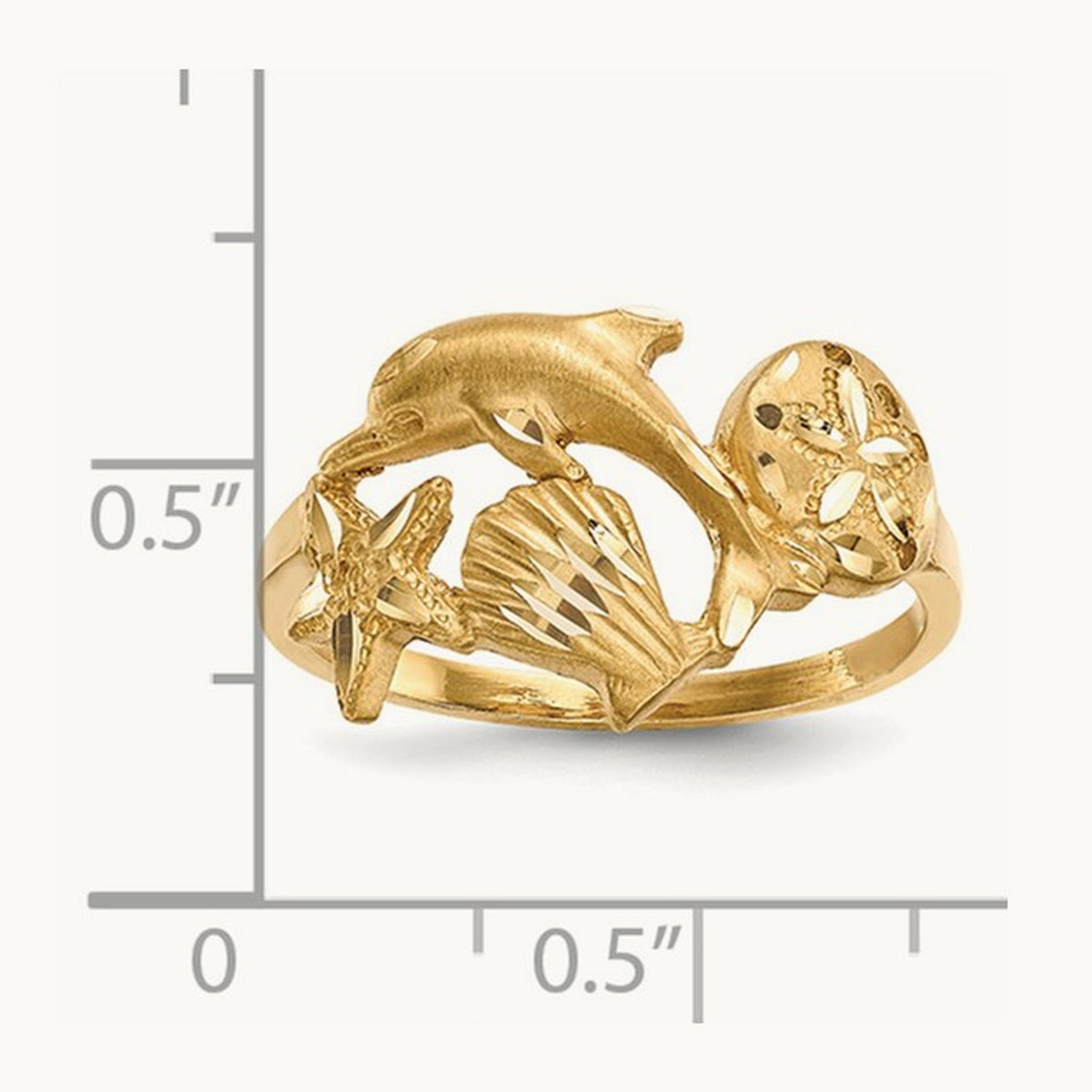 Polished and Satin Diamond-cut Dolphin Starfish Shell Sand Dollar Ring, 14K