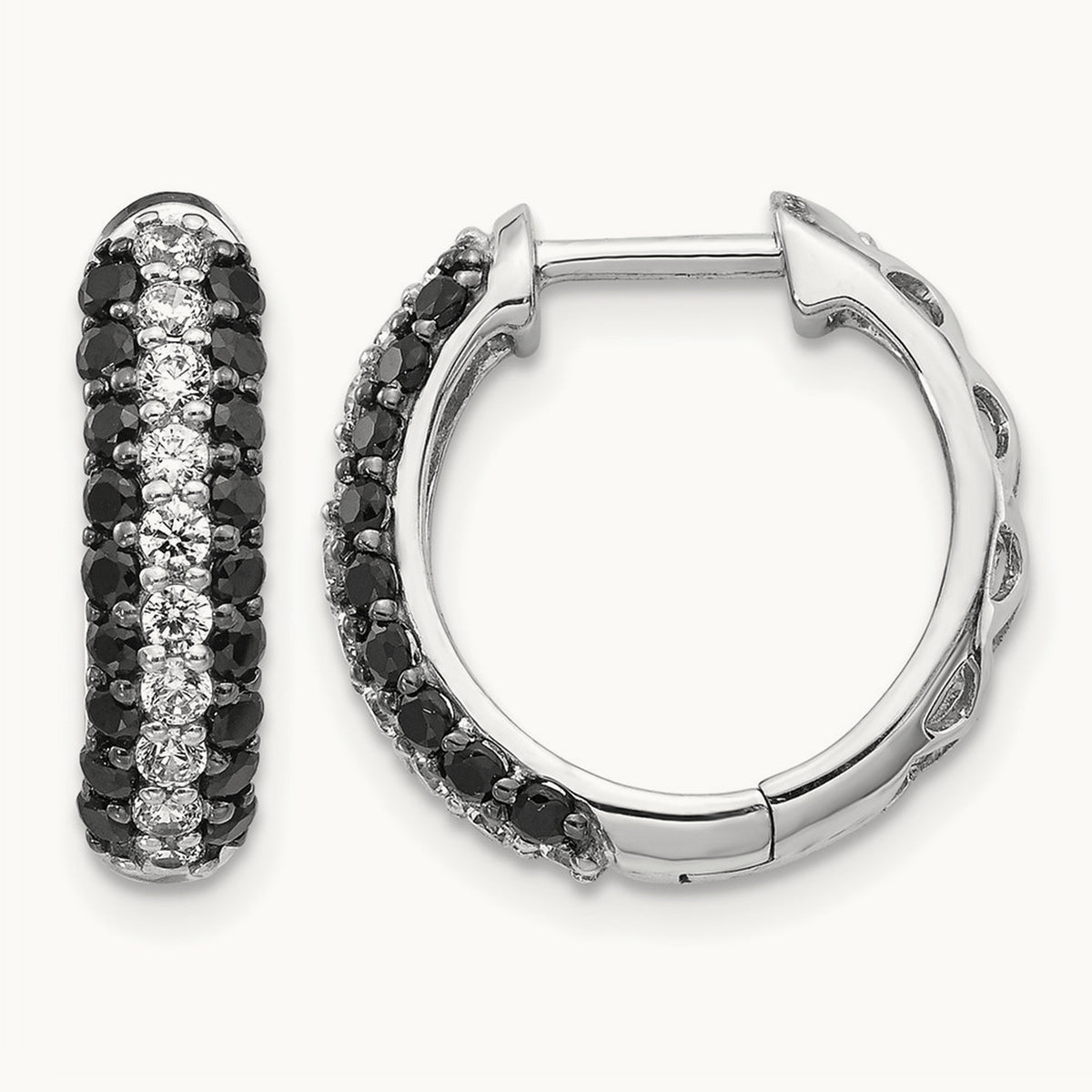 White and Black Diamond Hinged Hoop Earrings, 14K White Gold