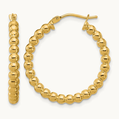 Polished Beaded Round Hoop Earrings — 10K Yellow Gold, 25mm
