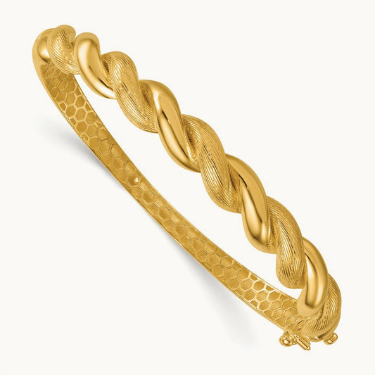 Polished Twisted Textured Hinged Bangle Bracelet, 14K
