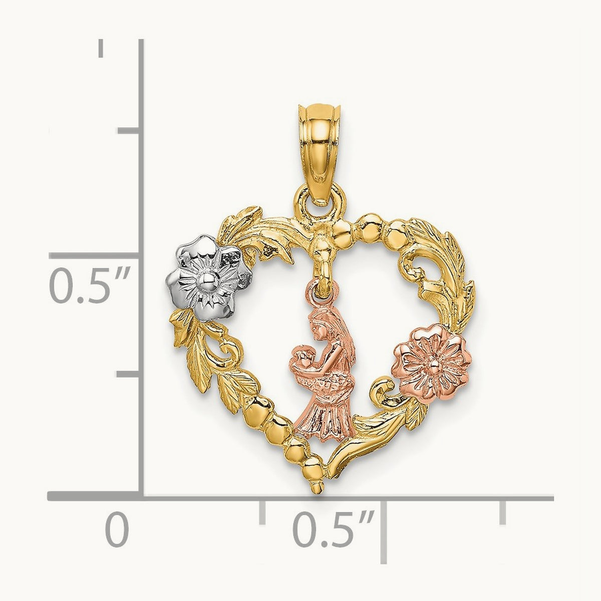 Rhodium Motherly Love w/ Flowers In Heart Charm, 14K Two-tone White