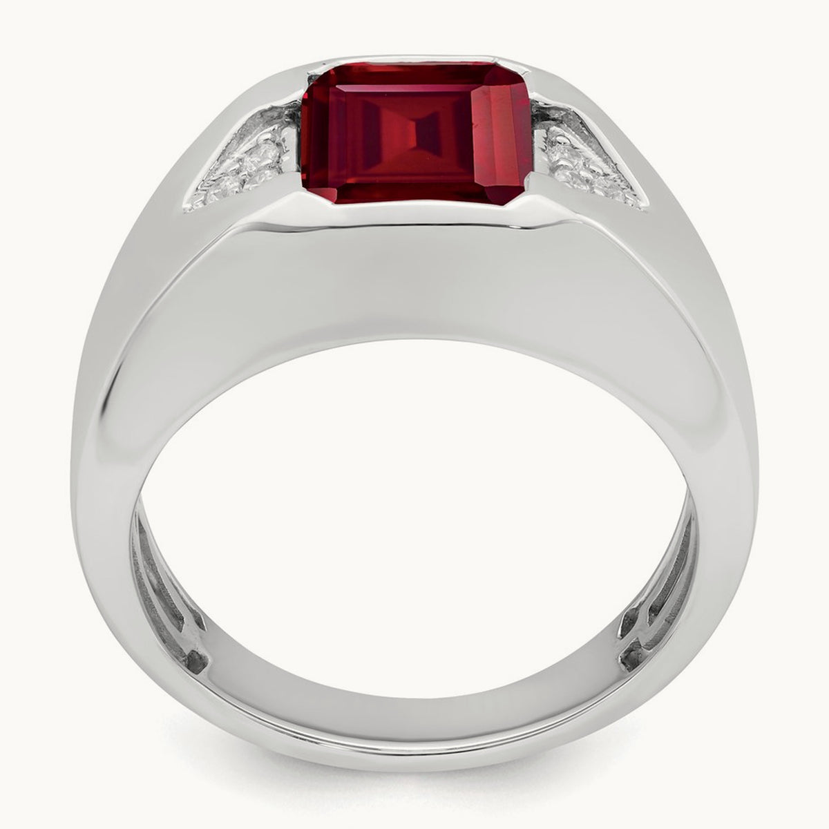 Emerald-cut Created Ruby and Lab-Grown Diamond Men's Ring — 14K White Gold, 10