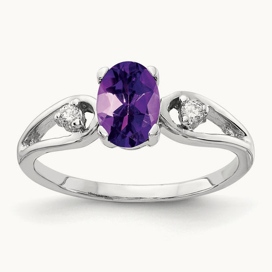 7x5mm Oval Amethyst AA Diamond ring, 14K White Gold