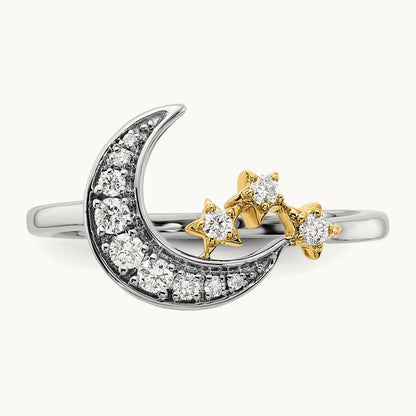 Diamond Moon w/3-Stars Ring, 14K Two-tone