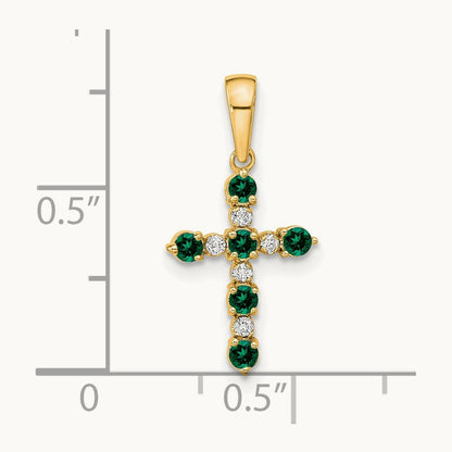 Lab Created Emerald and Diamond Cross Pendant — 14K Yellow Gold