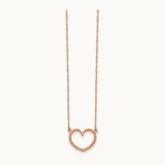 Polished and Textured Heart 17 inch Necklace, 14K Rose Gold