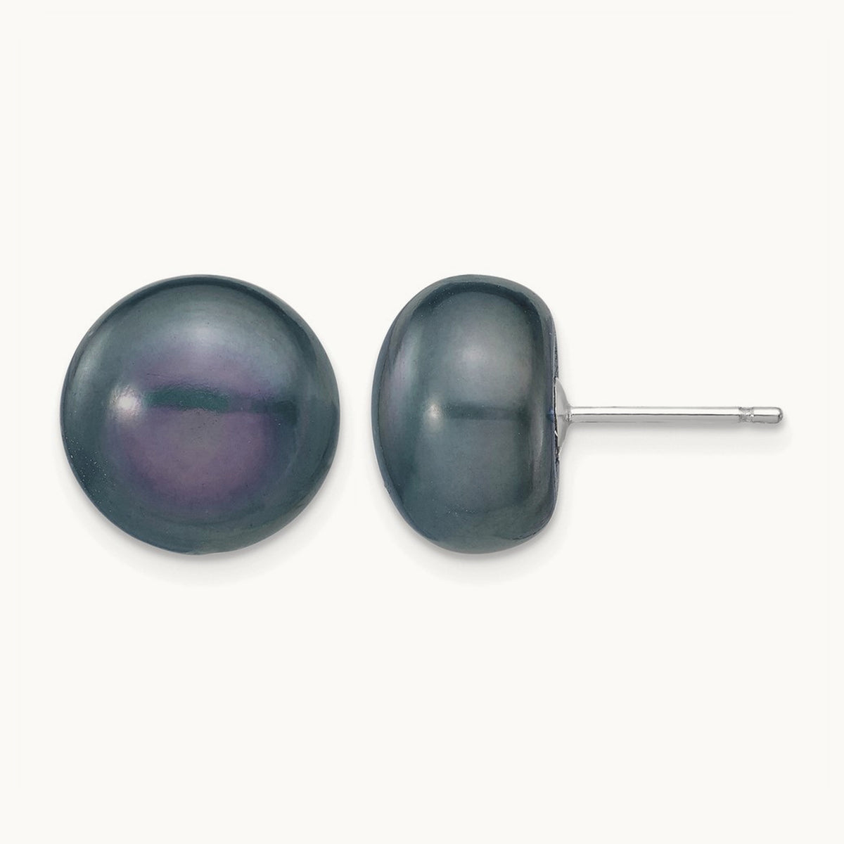 Black Button Freshwater Cultured Pearl Stud Post Earrings — 14K White Gold