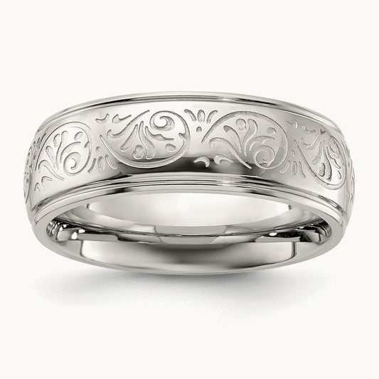 Polished Etched Design Ridged Edge Band, 7.5mm, Stainless Steel