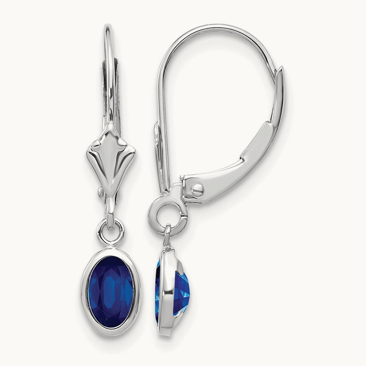 6x4 Oval Bezel September/Sapphire Leverback Earrings — 14K White Gold