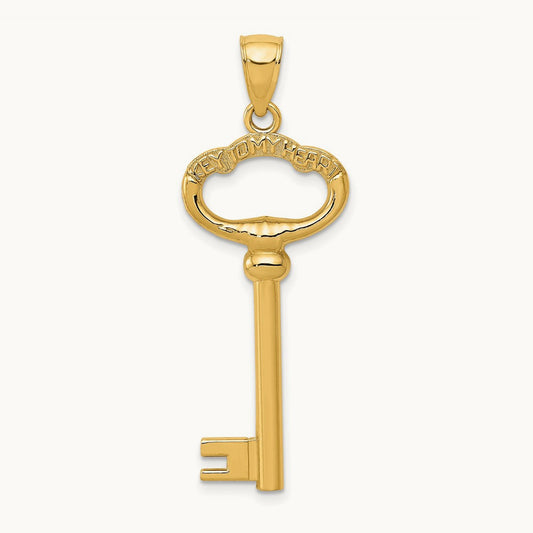 Polished 3-D KEY TO MY HEART Key Charm, 14K