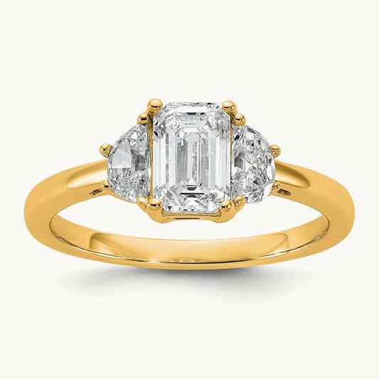 Emerald & 1/2 Moon 3 Stone Engagement Ring, 1.25-4.00 ct tw Lab-Grown Diamond — 1 3/8 ct, 14K Yellow Gold