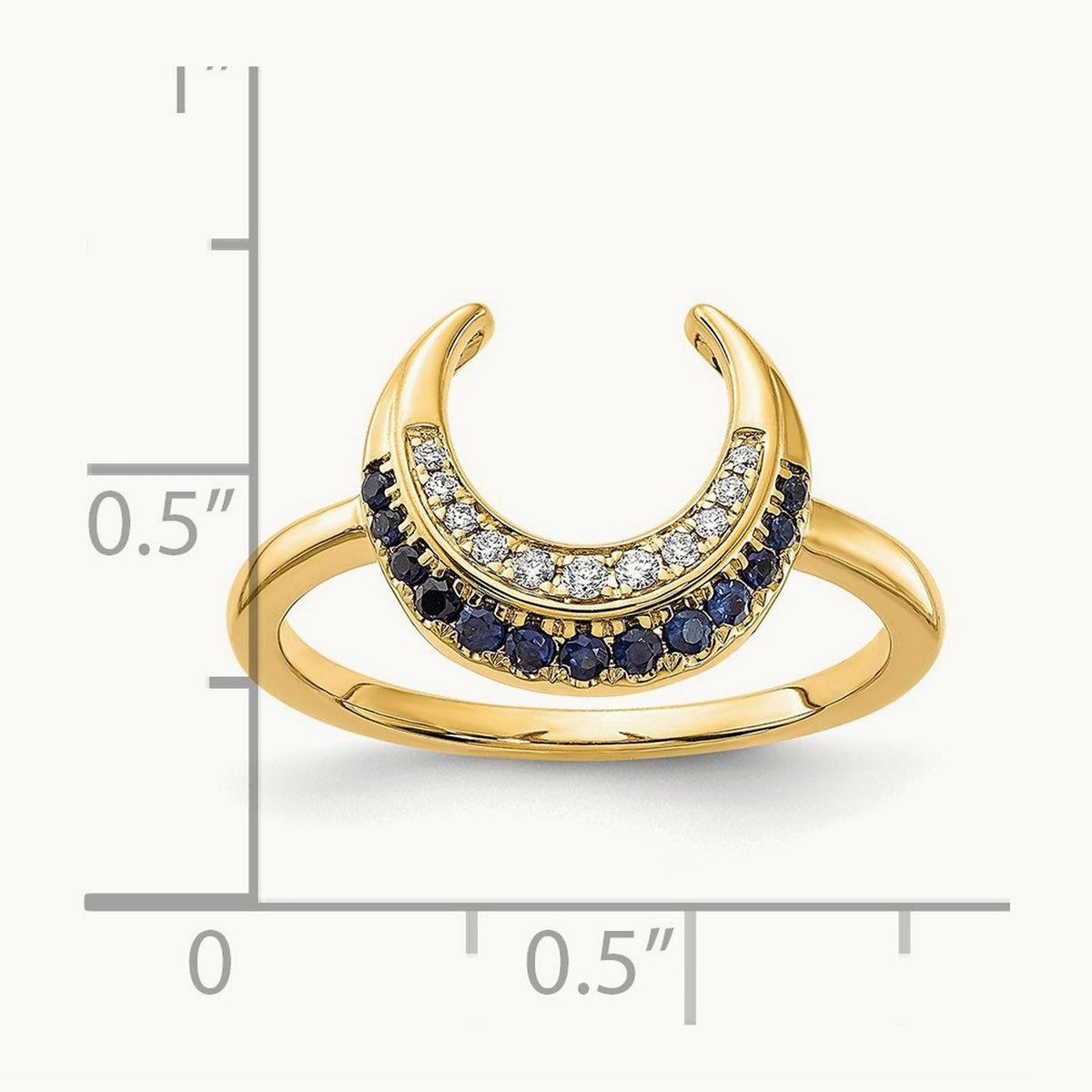 Polished Sapphire and Diamond Moon Ring, 14K