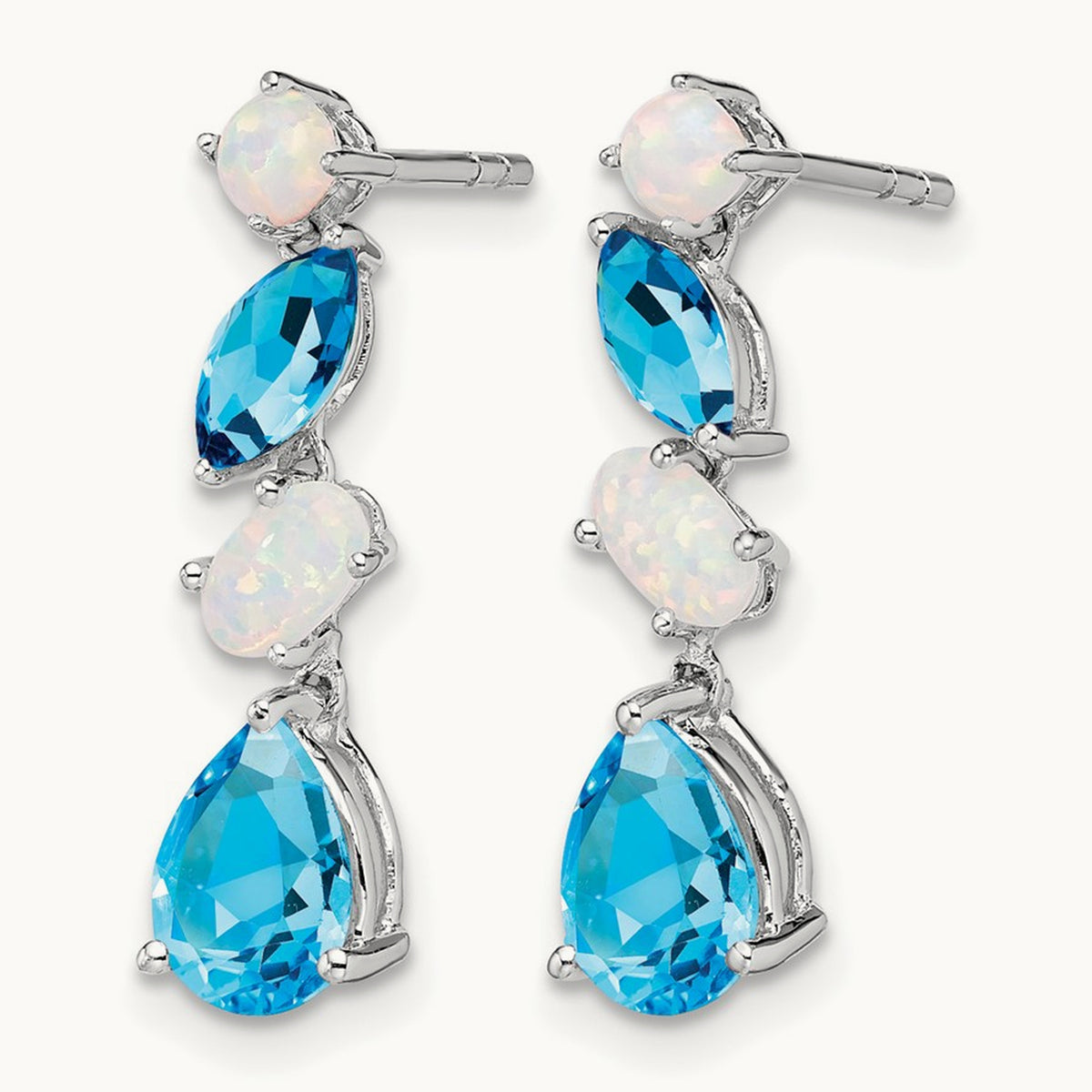 Blue Topaz and Opal Dangle Earrings, 14K White Gold