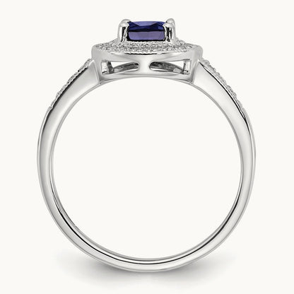 Oval Created Sapphire and Diamond Halo Ring, 14K White Gold