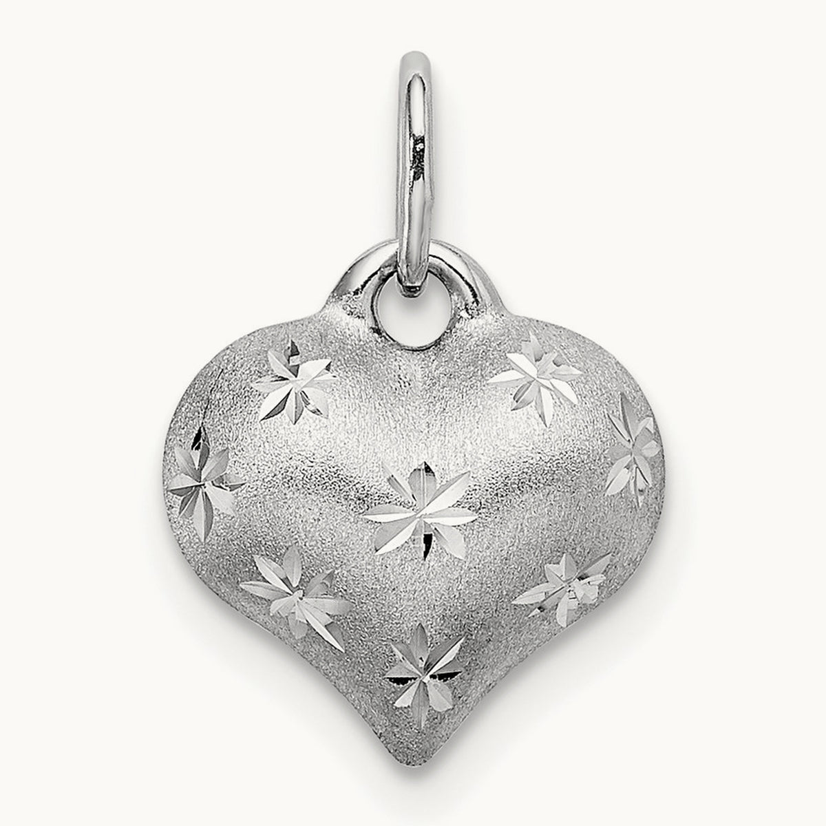Satin Diamond-cut 3D Puffed Heart Pendant, 14K White Gold
